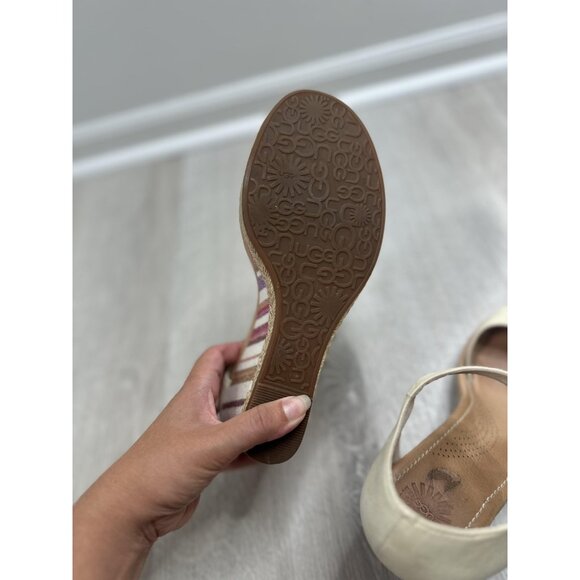 UGG‎ Wedge Sandals Womens Size 8 Beige Leather Ankle Strap Espadrille Stripe - Picture 9 of 11